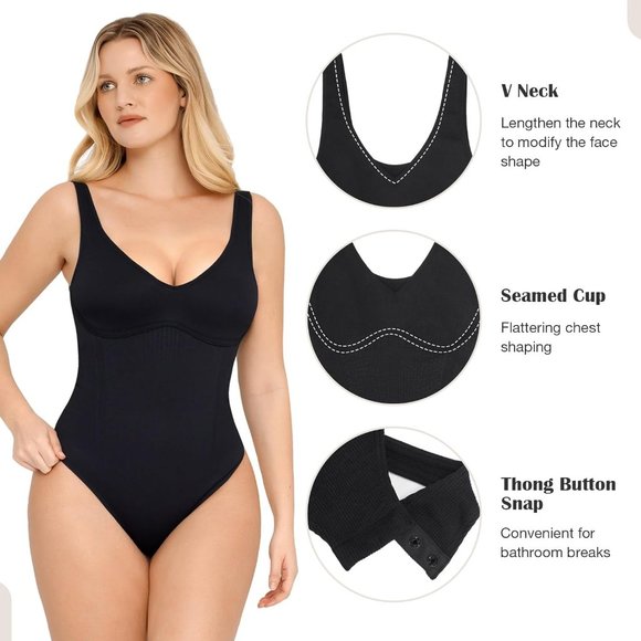 Women Slimming V Neck Bodysuits Snatched Waist Body Suit Sculpting Thong Shaper - Picture 5 of 6